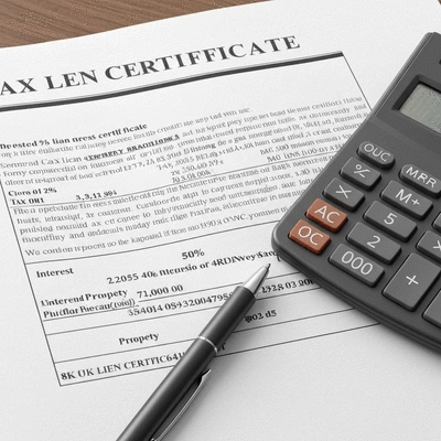 Close-up of a tax lien certificate document with a pen and calculator nearby