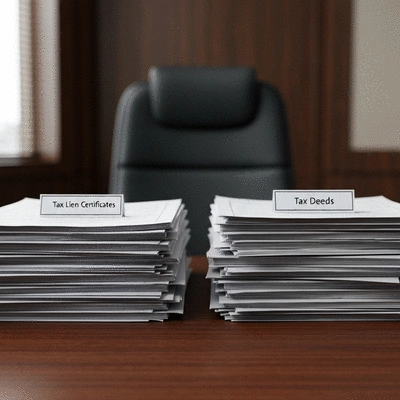 Documents representing tax lien certificates and tax deeds on a desk