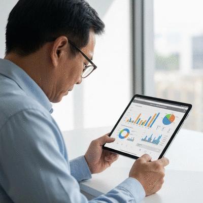 Person analyzing real estate market data on a tablet with charts and graphs, representing informed investment decisions, no text, no words, no typography