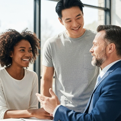 Happy diverse couple discussing loan options with a financial advisor in a bright, modern office setting