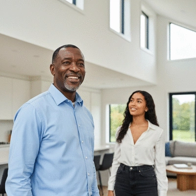 Real estate agent showing house to young couple