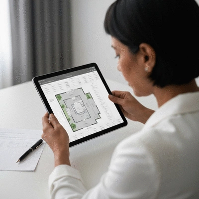 Modern professional reviewing real estate documents on a tablet, with a blueprint and a pen on a clean desk. Focus on the tablet screen showing property details.