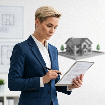 Real estate investor reviewing hard money loan documents on a tablet with a house model in the background