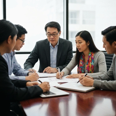 A diverse group of real estate investors collaborating around a table, discussing property plans with blueprints and laptops, in a modern office setting.