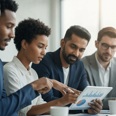 Diverse group of investors reviewing financial charts