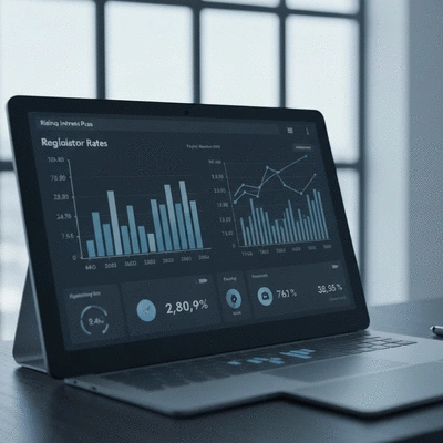 Modern financial dashboard showing rising interest rates and regulatory charts