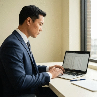 Investor using a laptop to research tax liens and properties