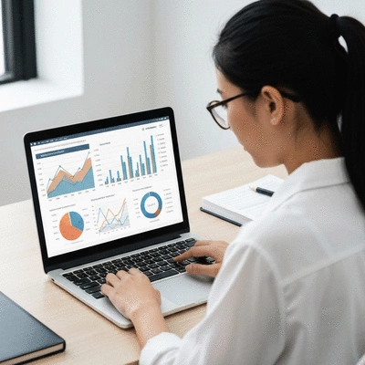 Person using an investment property calculator on a laptop, with charts and graphs on screen, no text, no words, no typography, no labels, clean image