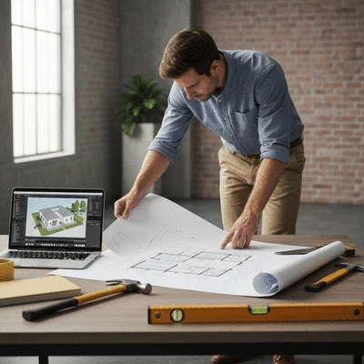 Real estate investor planning a fix and flip project on a blueprint