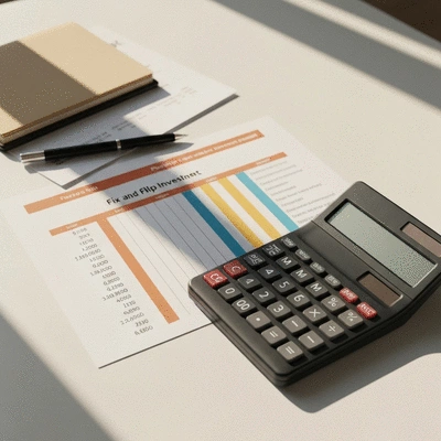 Calculator and financial documents for fix and flip investment strategy