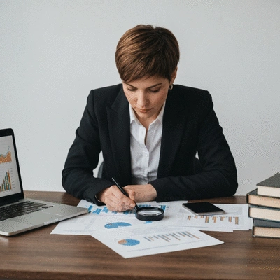 Investor reviewing documents with a magnifying glass and charts in the background